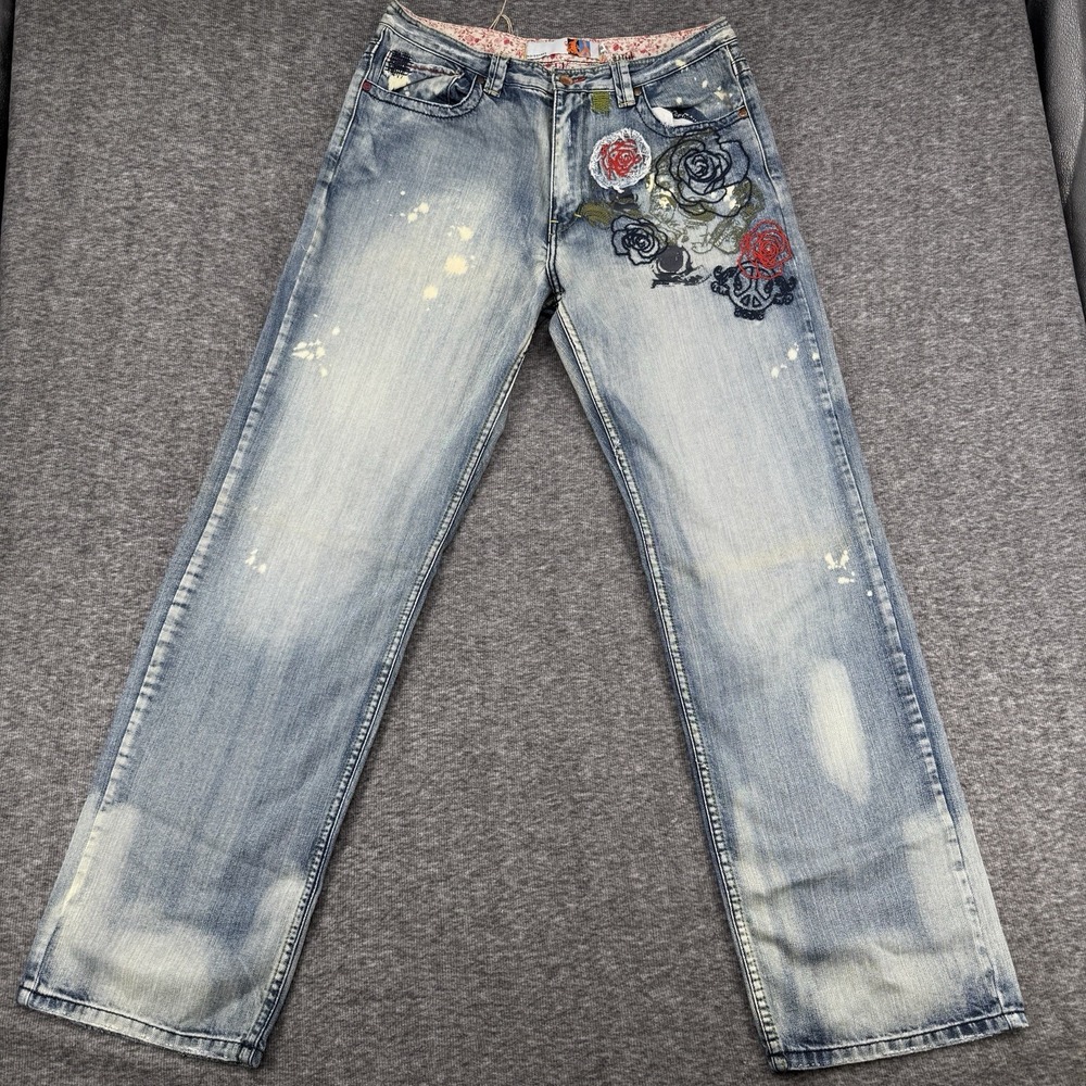 Indigo Red Jeans Womens 6 Y2K Embroidered Roses Distressed Bootcut Blue Denim